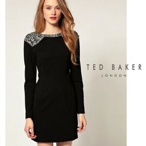 Ted Baker Sequin Embellished  Black Party Dress Long Sleeves Size US 6